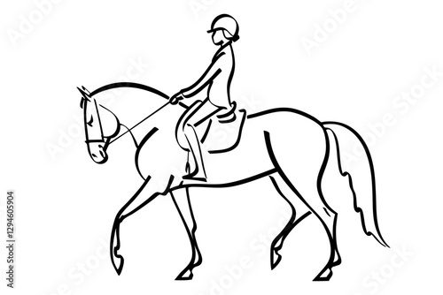 Equestrian rider on a horse in motion, black and white line drawing style, minimalistic design