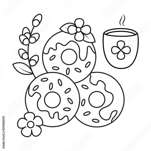 Spring donuts kawaii coloring page with a cup of tea or coffee, flowers and a sprig of willow. For adult and childrens, for antistress colouring book.
Black and white vector illustration.
