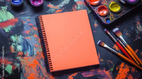 A dynamic, energetic background with a blank notebook in neon orange, scattered with paint splashes and brushes.