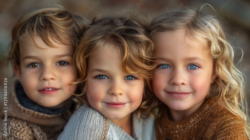 Three happy children sharing a fun moment, posing with smiles for the camera Three happy children sharing a fun moment, posing with smiles for the camera