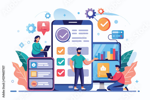 Users interact with mobile testing software on various devices in a lively digital setting with colorful details, Mobile testing Customizable Disproportionate Illustration