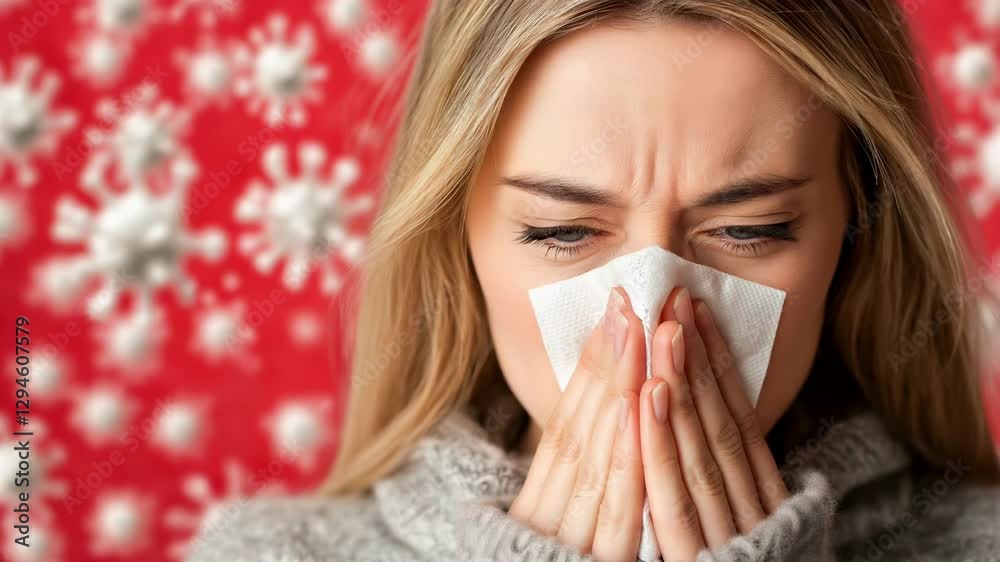 Woman sneezing into a paper tissue. Concept of allergies, colds and getting sick. Viruses floating in the background
Woman sneezing into a paper tissue. Concept of allergies, colds and getting sick. Viruses floating in the background