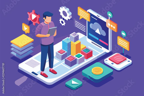 An isometric illustration of a user customizing a mobile interface surrounded by design elements and tools, Mobile user Customizable Isometric Illustration