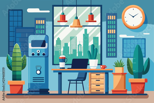A stylish office environment with a water cooler, cacti, and a desk perfect for productivity and relaxation, Modern business workplace: water cooler, cactus, clock, window, cityscape