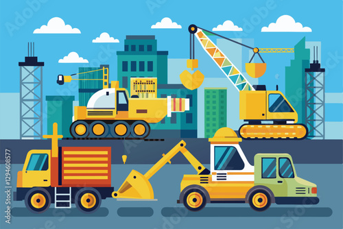 Construction machinery including cranes, bulldozers, and trucks work on a bustling urban development site, modern construction machinery