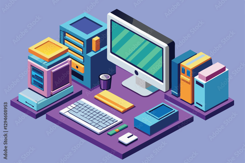 A modern desktop computer setup showcases customizable features perfect for enhancing productivity, Modern desktop computer Customizable Isometric Illustration A modern desktop computer setup showcases customizable features perfect for enhancing productivity, Modern desktop computer Customizable Isometric Illustration