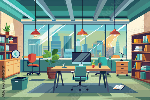 A spacious loft apartment office featuring a modern desk, bookshelves, and a city skyline view, Modern, empty loft apartment interior with office furniture for corporate or freelance work