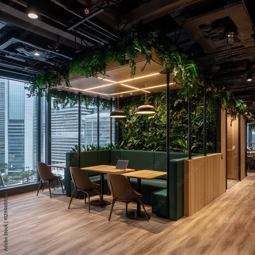 Fototapeta premium A creative office showcasing convertible furniture, spacious open workspaces, and focus rooms designed for quiet concentration 
