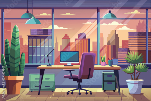 A contemporary office displays a desk with a computer and chair, surrounded by city views at sunset, Modern office desk with computer