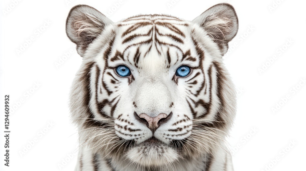 Fototapeta premium A frontal shot of a majestic white tiger with striking blue eyes, isolated against a white background.