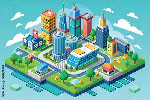 This illustration showcases a modern megapolis featuring skyscrapers, parks, and bustling streets, Modern Megapolis Isometric Map concept