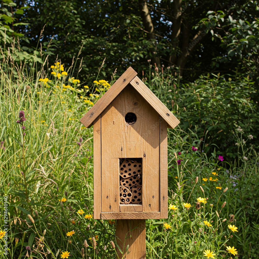 Wooden insect hotel on a post nestled among tall grass and wildflowers in a sun-dappled garden setting. Wooden insect hotel on a post nestled among tall grass and wildflowers in a sun-dappled garden setting.