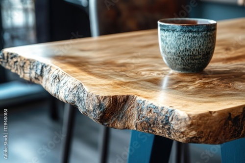 Wooden table edge with a cup, modern interior photo