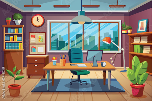 A spacious modern office features a desk with a computer and potted plants, highlighting a city view, Modern office interior design cartoon illustration