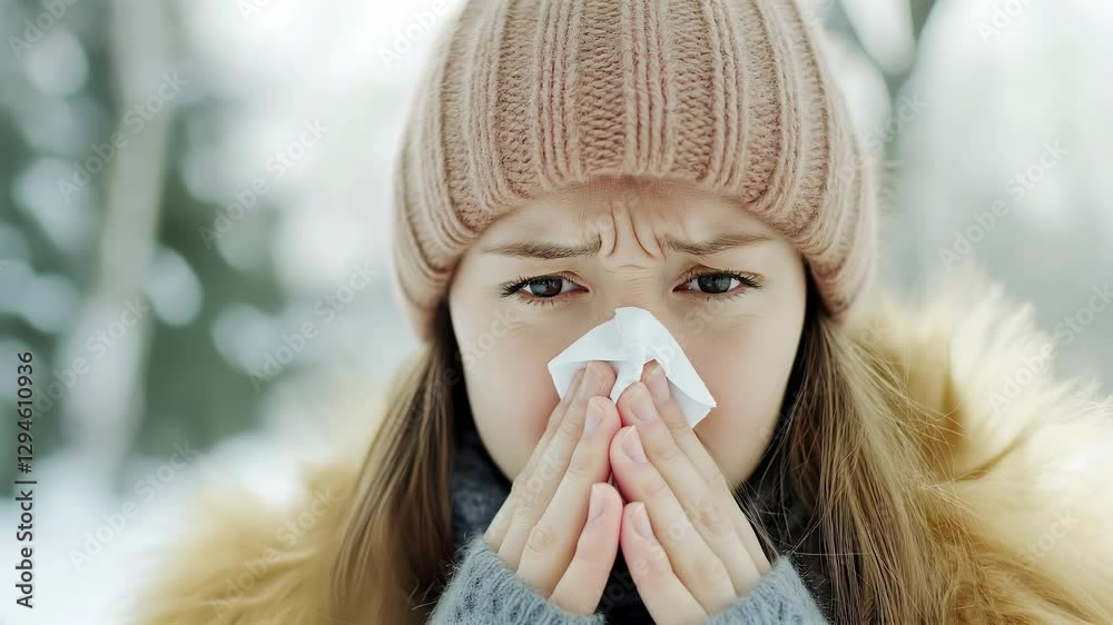 Woman sneezing into a paper tissue. Concept of allergies, colds and getting sick Woman sneezing into a paper tissue. Concept of allergies, colds and getting sick
