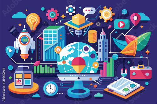 A colorful depiction of diverse technologies and innovations illustrating the future of digital advancements, Modern technologies and innovations,