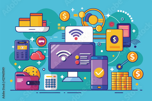 A vibrant display illustrating various cashless transaction methods and digital wallet features in action, Modern technology, cashless transaction, ewallet,