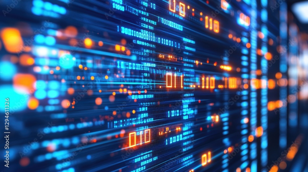 Abstract blue digital background with binary code and bokeh lights, data transfer concept. Abstract blue digital background with binary code and bokeh lights, data transfer concept.