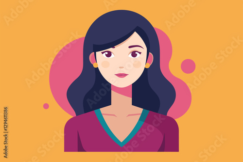 A stylish woman with long hair is depicted in a colorful modern flat design, radiating confidence and creativity, Modern woman Customizable Flat Illustration