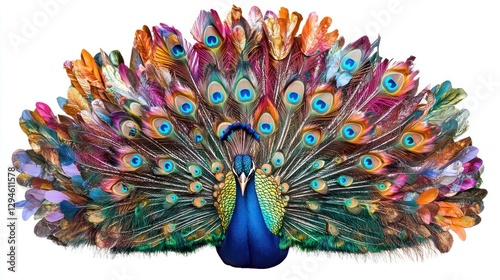 A frontal view of a peacock with colorful feathers fanned out, isolated on a white background.