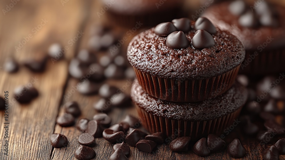 Chocolate chip muffins stacked on wooden table with scattered chocolate chips Chocolate chip muffins stacked on wooden table with scattered chocolate chips
