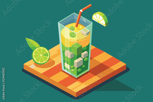 A vibrant mojito cocktail is displayed with fresh mint, lime, and ice on a stylish wooden surface, Mojito Customizable Isometric Illustration