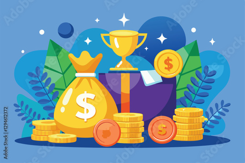Money bags, golden coins, and a trophy are arranged together in a bright and colorful environment, Money bags and golden coins, Award and reward, prize,