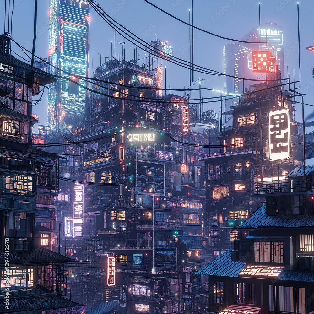 Obraz premium アジアファンタジー。電線が張り巡らせた街