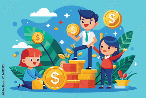 Three characters celebrate financial success by stacking coins, surrounded by lush plants in a bright atmosphere, Money income Customizable Cartoon Illustration