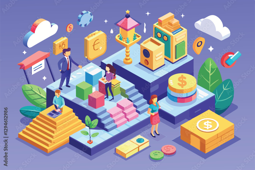 Naklejka premium A colorful isometric illustration showcasing people engaging in activities related to financial motivation and growth, Money motivation Customizable Isometric Illustration