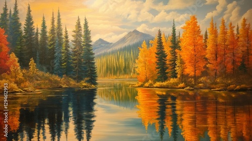 Autumn Lake Reflection Landscape Painting