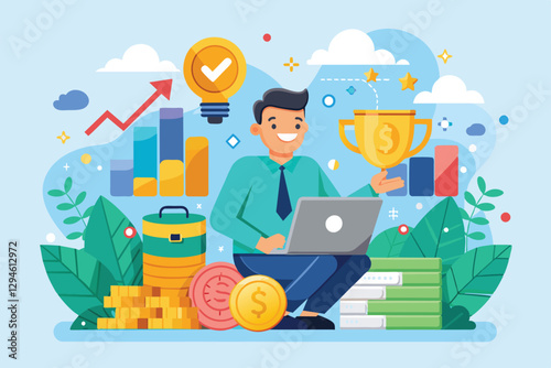 A focused person engages in financial planning with a laptop, surrounded by money and growth symbols, Money motivation Customizable Semi Flat Illustration