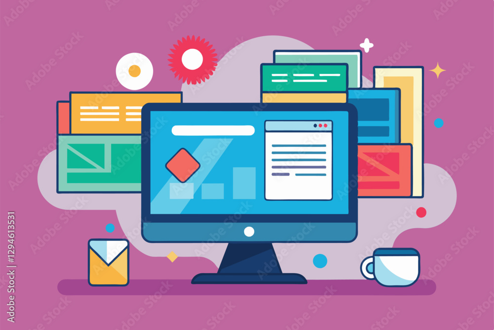 A flat monitor displays a vibrant workspace with customizable graphics and digital elements, Monitor Customizable Flat Illustration A flat monitor displays a vibrant workspace with customizable graphics and digital elements, Monitor Customizable Flat Illustration