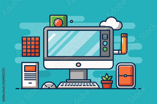 A monitor with various customizable elements sits on a desk next to a potted plant against a bright background, Monitor Customizable Disproportionate Illustration