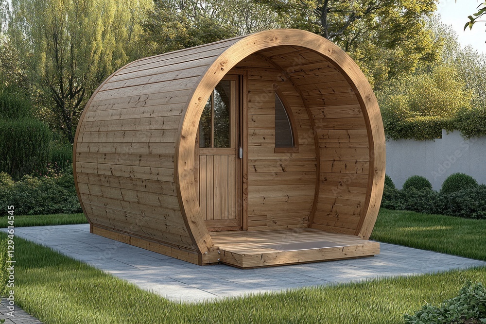 Naklejka premium Wooden yurt in garden, peaceful getaway, outdoor retreat, potential for rental or vacation use