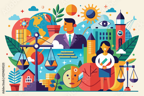 This artwork creatively showcases various themes of morality, justice, and community engagement, Moral Customizable Disproportionate Illustration