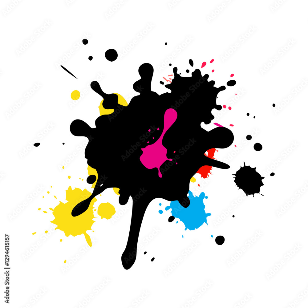 Black ink explosion with multicolor splatter