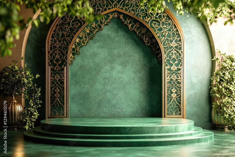 Fototapeta premium Green podium with arabic geometric pattern.