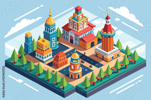 Explore a lively, customizable isometric representation of Moscow featuring notable buildings and greenery, Moscow Customizable Isometric Illustration
