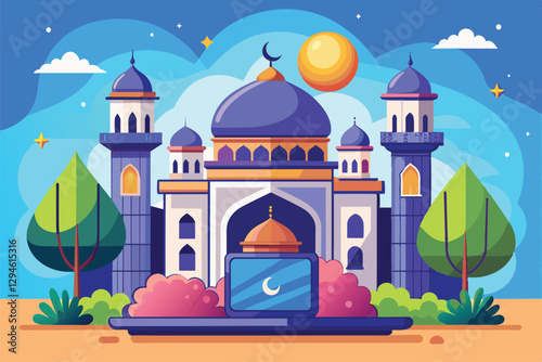 A vibrant cartoon illustration features a mosque with a laptop showcasing online services under a sunny sky, Mosque online service Customizable Cartoon Illustration