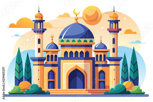An artistic representation of a mosque showcasing its striking architectural elements and serene surroundings, Mosque online service Customizable Disproportionate Illustration