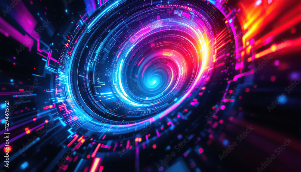 Obraz premium Abstract Neon Spiral Technology Background with Blue and Red Lights