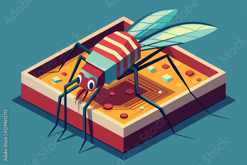 A unique isometric illustration depicts a colorful mosquito atop a detailed surface with bite marks, Mosquito bite Customizable Isometric Illustration