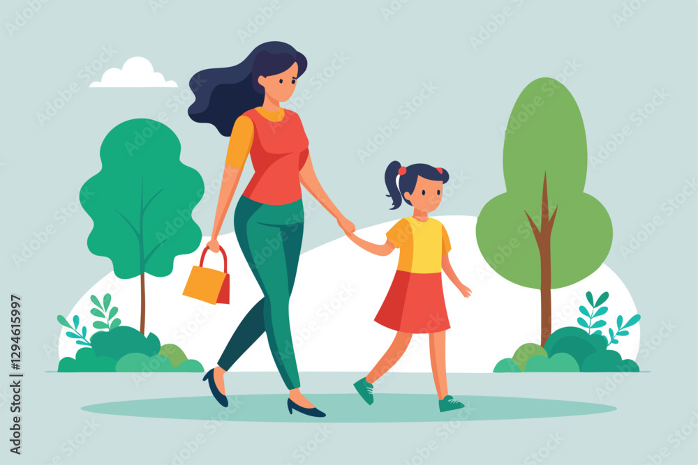 A mother and her daughter stroll together, enjoying a pleasant walk in a lush green park, Mother and daughter walk together, symbolizing loving family, parenthood, and childcare A mother and her daughter stroll together, enjoying a pleasant walk in a lush green park, Mother and daughter walk together, symbolizing loving family, parenthood, and childcare