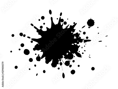 Large black ink blot with radial splashes