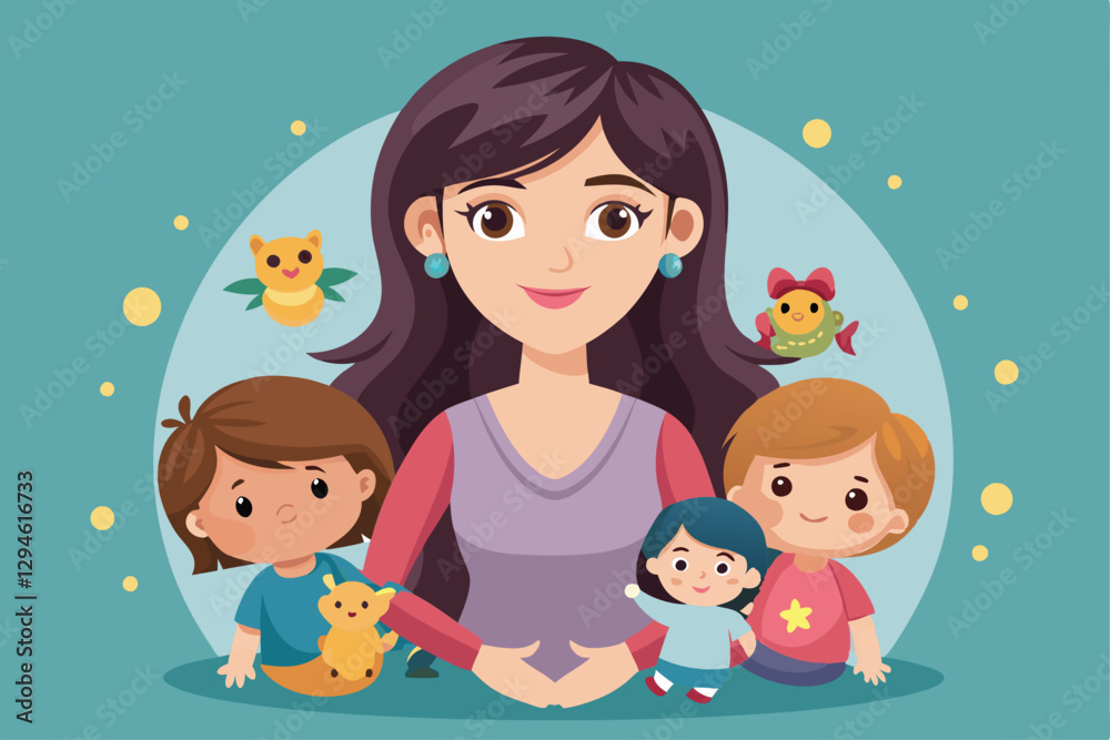 A mother is joyfully engaged with her three children and playful animals in a colorful, vibrant environment, Motherhood Customizable Cartoon Illustration A mother is joyfully engaged with her three children and playful animals in a colorful, vibrant environment, Motherhood Customizable Cartoon Illustration
