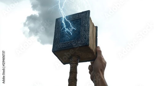 A powerful hand holds a mystical, ornate hammer with a wooden handle, emitting an intense blue lightning bolt beneath a dark, stormy sky. photo