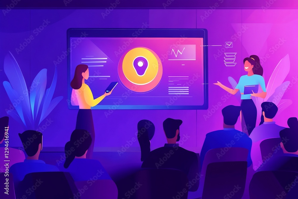 A female engineer at a tech workshop, presenting a digital board filled with AI and cybersecurity icons A female engineer at a tech workshop, presenting a digital board filled with AI and cybersecurity icons