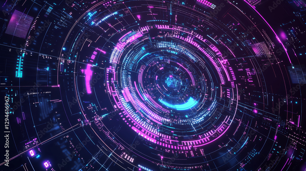 Fototapeta premium Cyber Tech background, with glowing interface panels and neon purple and blue color scheme