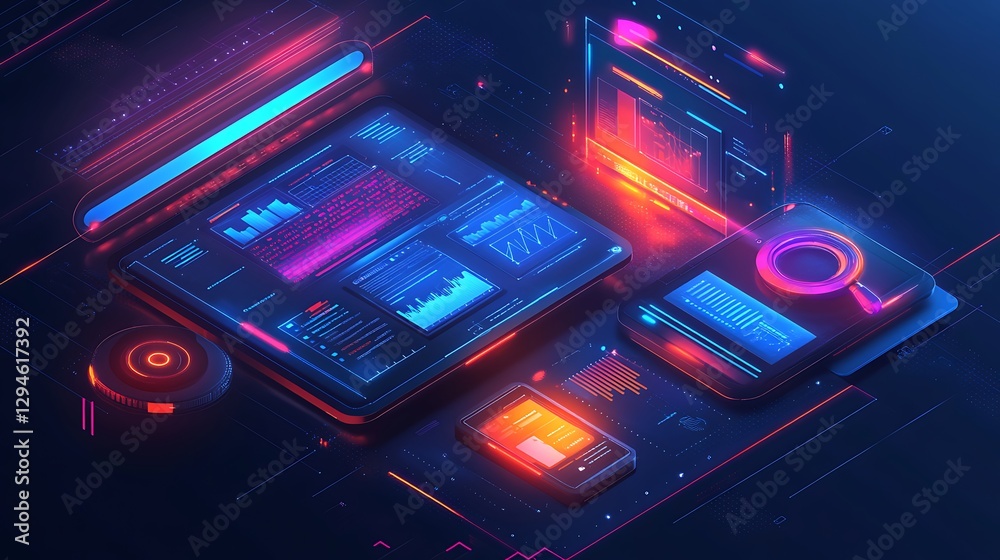 Obraz premium Futuristic Digital Workspace with Analytics, Futuristic digital workspace with laptop, tablet, and charts